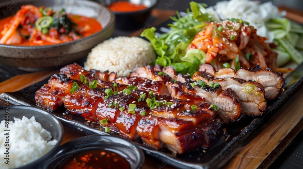 A barbecue platter piled high with grilled pork belly, served with a side of spicy kimchi and steamed rice, creating a delicious Korean-inspired meal. A barbecue platter piled high with grilled pork belly, served with a side of spicy kimchi and steamed rice, creating a delicious Korean-inspired meal.