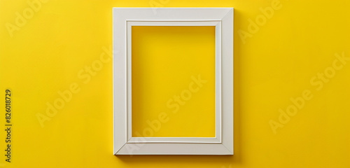 White frame for paintings or photographs on mellow maize yellow background, minimalist exhibition concept, photo