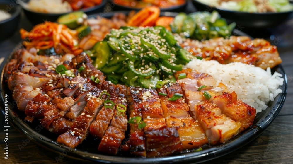 A barbecue platter piled high with grilled pork belly, served with a side of spicy kimchi and steamed rice, creating a delicious Korean-inspired meal. A barbecue platter piled high with grilled pork belly, served with a side of spicy kimchi and steamed rice, creating a delicious Korean-inspired meal.