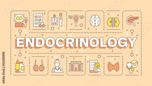 Endocrinology orange word concept. Endocrine system checkup. Diabetes management. Typography banner. Vector illustration with title text, editable icons color. Hubot Sans font used