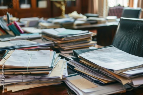 Lawyer preparing for a court case with files and notes spread out on a large desk © wpw