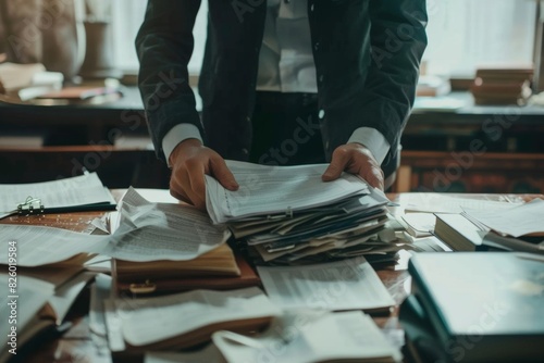 Lawyer preparing for a court case with files and notes spread out on a large desk