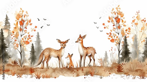Watercolor illustration of a deer family in an autumn forest with colorful trees and birds flying in the background.