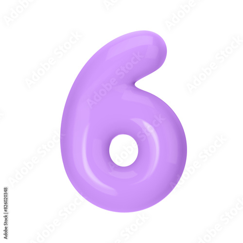 Numeral 6 - Violet Plastic Balloon Number six Isolated on White Background. 3D Style Vector Illustration