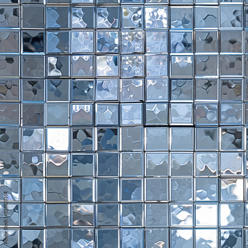 Seamless shiny mosaic mirror disco floor wall tiles 70s retro square silver metallic backdrop glamour sleek vintage stylish chic trendy nightclub bar party event texture repeat tile pattern background photo