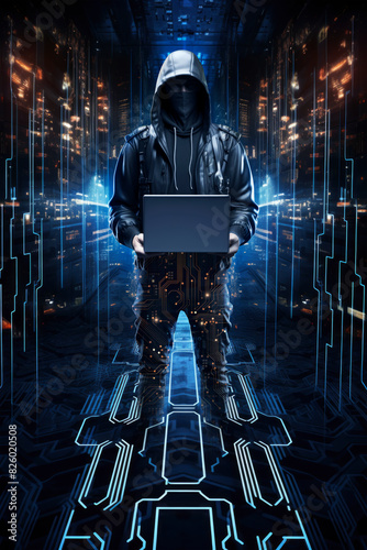 Hacker in hoodie holding laptop computer over digital technology futuristic circuit over database in server room, Hacking internet and cybercrime concept