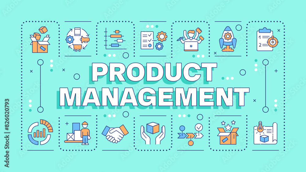Product management turquoise word concept. Product planning, development and launch. Typography banner. Vector illustration with title text, editable icons color. Hubot Sans font used Product management turquoise word concept. Product planning, development and launch. Typography banner. Vector illustration with title text, editable icons color. Hubot Sans font used