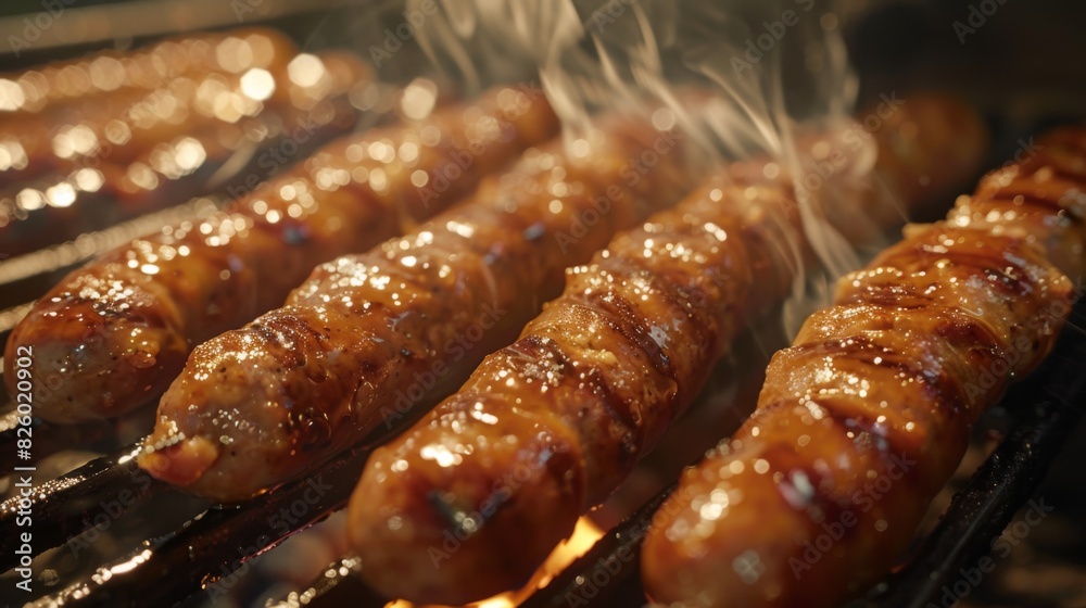 A close-up of pork sausages sizzling on a barbecue grill, the casings crisping up and the juices bubbling with flavor A close-up of pork sausages sizzling on a barbecue grill, the casings crisping up and the juices bubbling with flavor