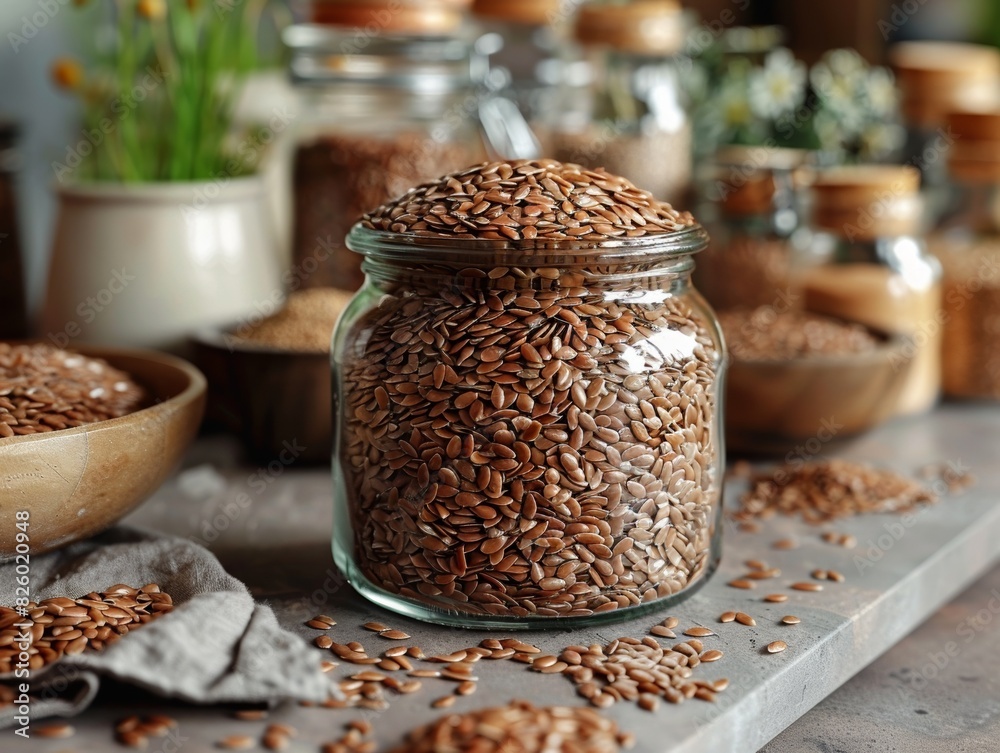 A pile of nutritious flax seeds in a wooden bowl, a healthy ingredient for a balanced diet A pile of nutritious flax seeds in a wooden bowl, a healthy ingredient for a balanced diet