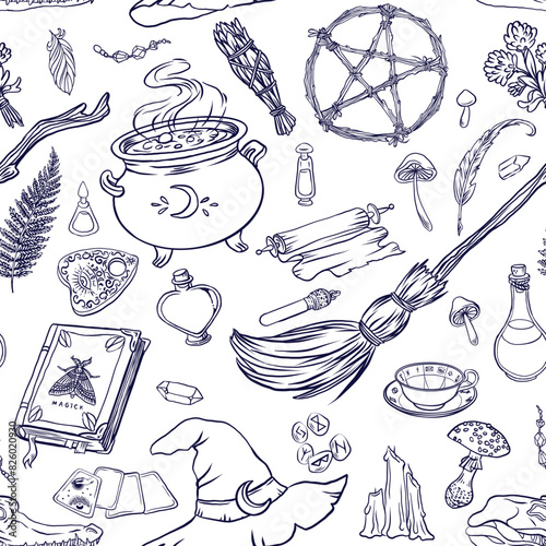 Supernatural magical collection of magical elements. Symbols of witchcraft. Ethnic esoteric collection with hands, moon, crystals, plants, palmistry and other magical elements. Vector illustration