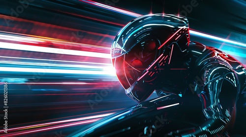 Cybernetic racer with glowing visor close up, focus on, copy space striking tones, Double exposure silhouette with speed trails photo