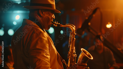 Jazz musician passionately delivers a sprightly saxophone melody. photo