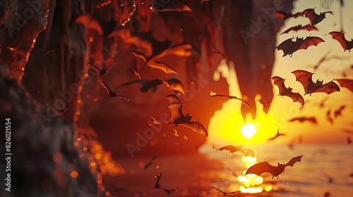 Natural beauty of bats flying out of a cave at dusk