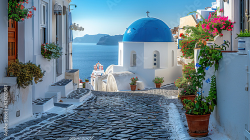 Fototapeta Naklejka Na Ścianę i Meble -  The Greek island of Santorini is picturesque, with its iconic white buildings and blue domes overlooking the sea. The cobbled streets are lined with traditional floral courtyards