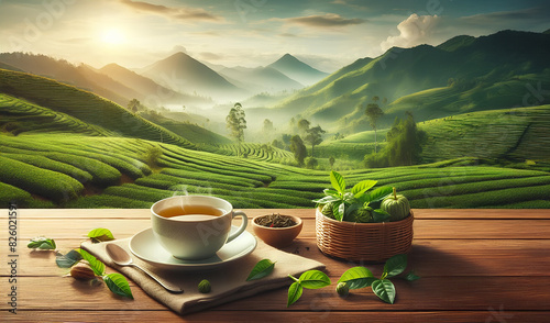 A cup of tea in the middle of a green tea field