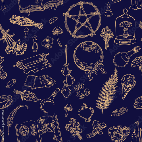 Supernatural magical collection of magical elements. Symbols of witchcraft. Ethnic esoteric collection with hands, moon, crystals, plants, palmistry and other magical elements. Vector illustration