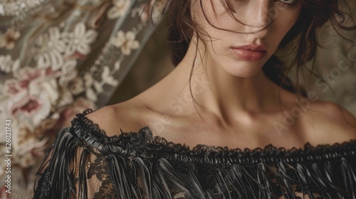 An offtheshoulder lace and fringe gown featuring a detachable leather cape for a touch of Old West glamour.