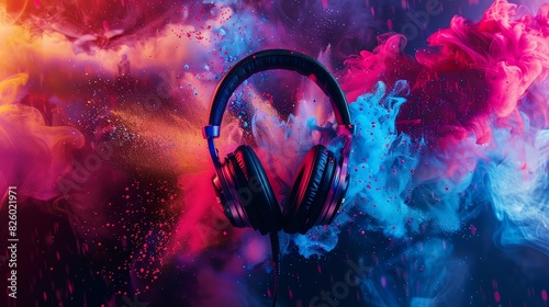 Create a vibrant and colorful portrait of a woman listening to music with headphones. Depict the music as a visual burst of energy flowing through her body. photo