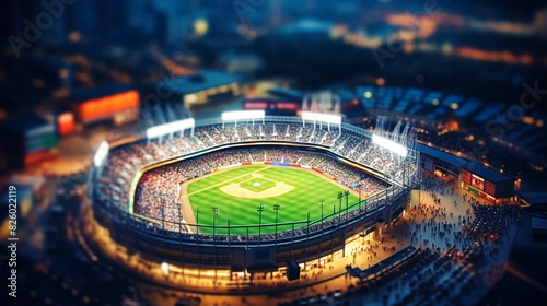 A captivating view of a baseball stadium illuminated by the moon and stadium lights, with players in action on the field and fans cheering in the stands © Anoo