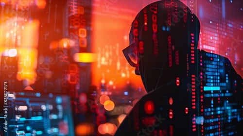 Rogue technomancer hacking mainframe close up, focus on, copy space vibrant shades, Double exposure silhouette with computer interface