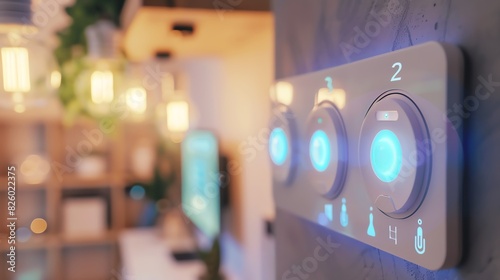 A close-up of a modern smart home control panel with illuminated buttons. photo