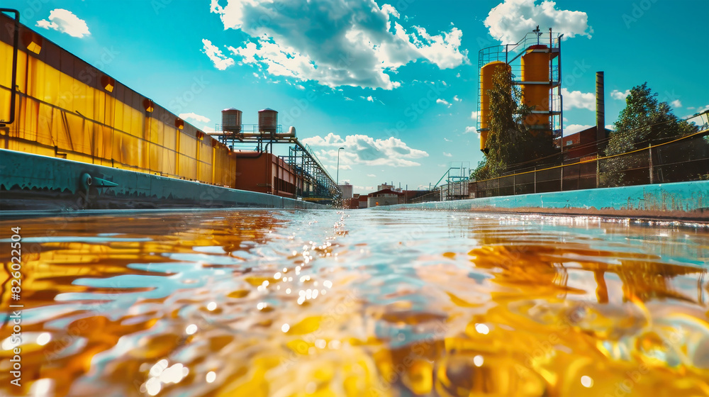 Fototapeta premium An industrial plant surrounded by a yellow pond, with clear blue skies above. The plant seems to be engaged in water treatment activities, possibly cleaning drains
