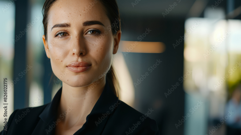 Professional woman with a confident gaze and slight smile, exuding competence and leadership. Professional woman with a confident gaze and slight smile, exuding competence and leadership.