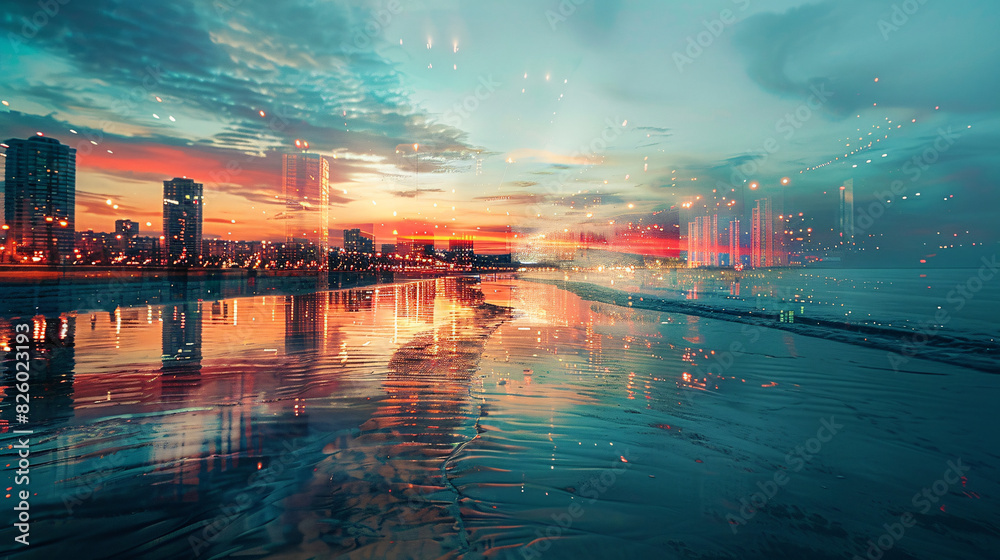 Fototapeta premium Double exposure image of a calm beach at sunset overlaid with a bustling night city, reflecting the peacefulness of nature against the energy of urban life.