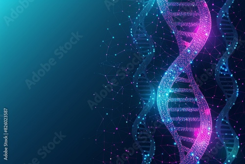 Futuristic DNA strands in neon pink and blue, highlighting biotechnological advancements in genetic research