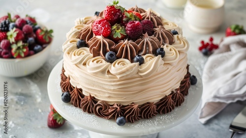 A decadent chocolate cake adorned with swirls of creamy frosting and topped with fresh berries, a tempting treat for any occasion.