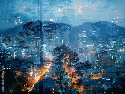 A mountain range blended with the lights of a bustling city at night in a double exposure  symbolizing the intersection of nature and civilization.
