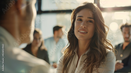 Radiant professional woman engaging in conversation at a bright office. © VK Studio