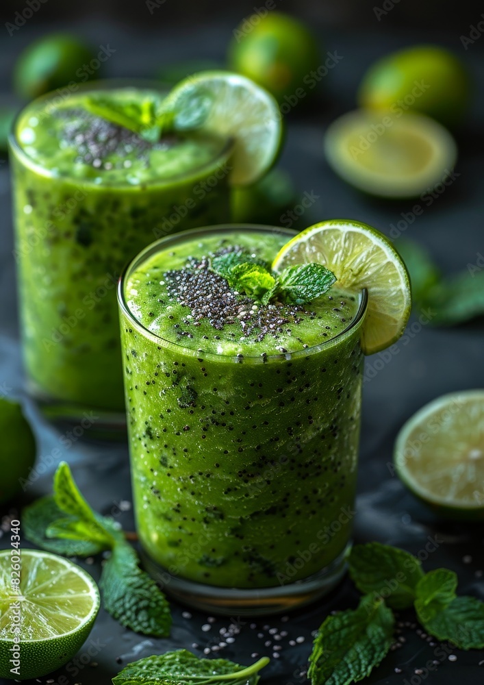 Green Detox Smoothie - Fresh, vibrant green color, garnished with a slice of lime and mint leaves Green Detox Smoothie - Fresh, vibrant green color, garnished with a slice of lime and mint leaves