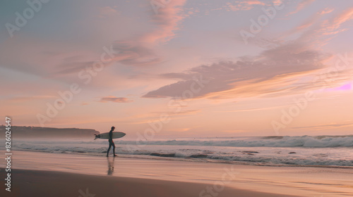 Lone surfer carrying a board on a pristine beach against a serene pink sunrise.