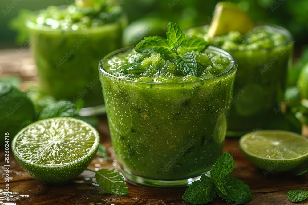 Green Detox Smoothie - Fresh, vibrant green color, garnished with a slice of lime and mint leaves Green Detox Smoothie - Fresh, vibrant green color, garnished with a slice of lime and mint leaves
