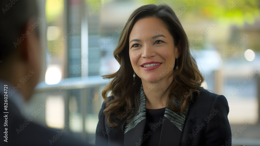 Confident Mid-40s Hispanic Business Woman in Black Blazer Smiling During Office Park Meeting Confident Mid-40s Hispanic Business Woman in Black Blazer Smiling During Office Park Meeting