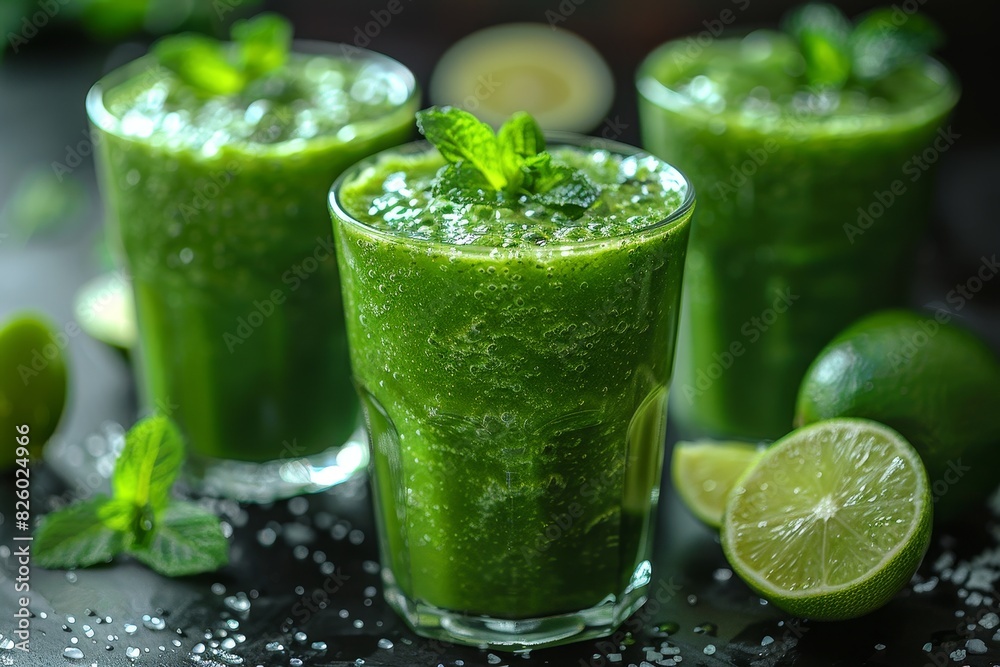 Green Detox Smoothie - Fresh, vibrant green color, garnished with a slice of lime and mint leaves