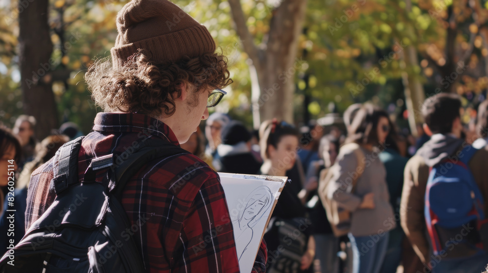 Curly-haired artist with a beanie immersed in a busy outdoor sketching session. Curly-haired artist with a beanie immersed in a busy outdoor sketching session.