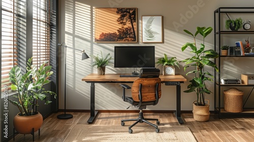 Home office setup. a tidy desk with computer at the large window in the morning.