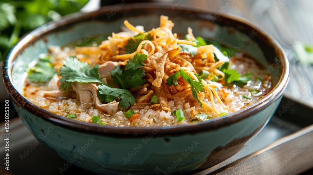 A delightful bowl of Khao Tom, Thai rice soup with tender chicken, ginger, garlic, and cilantro, served with crispy fried shallots on top. A delightful bowl of Khao Tom, Thai rice soup with tender chicken, ginger, garlic, and cilantro, served with crispy fried shallots on top.