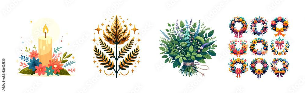 Collection of Ivana Kupala illustrations, isolated on transparent background. Slavic culture and summer solstice celebration concept. Design for poster, greeting cards, stickers, t-shirts. Collection of Ivana Kupala illustrations, isolated on transparent background. Slavic culture and summer solstice celebration concept. Design for poster, greeting cards, stickers, t-shirts.