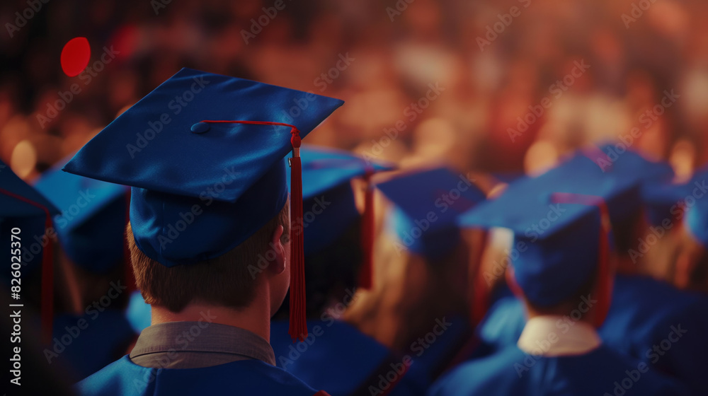 A cluster of graduates in blue caps and gowns celebrates their academic achievements A cluster of graduates in blue caps and gowns celebrates their academic achievements