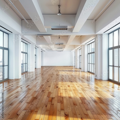 Empty office room with wooden floor