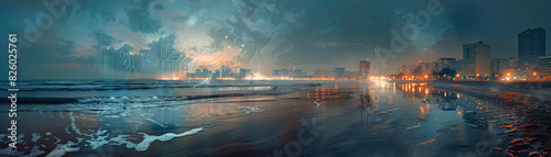 The waves of a beach merge with a night cityscape in a double exposure  capturing the essence of tranquility and urban vibrancy.