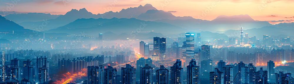 Double exposure of a mountain landscape blending into the illuminated skyline of a city, capturing the essence of adventure and urban life. Double exposure of a mountain landscape blending into the illuminated skyline of a city, capturing the essence of adventure and urban life.