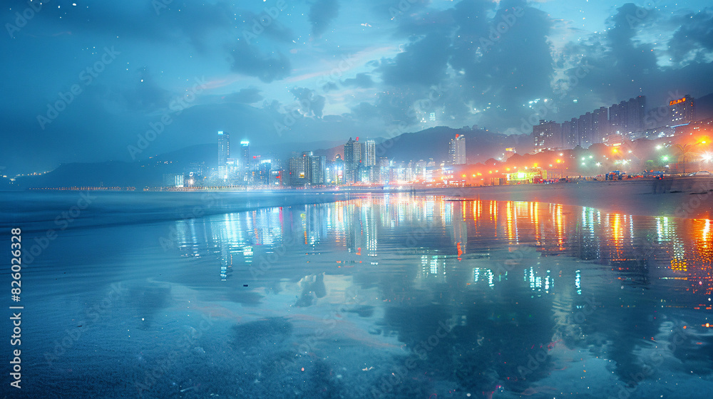 Double exposure of a tranquil beach at dawn intertwined with the lights of a bustling night city, creating a harmonious blend of serenity and energy. Double exposure of a tranquil beach at dawn intertwined with the lights of a bustling night city, creating a harmonious blend of serenity and energy.