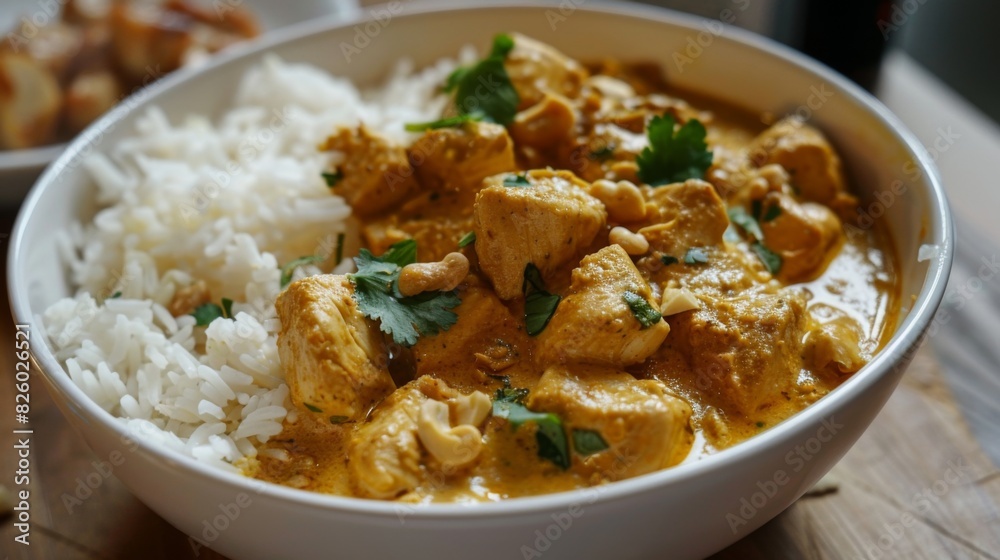 A flavorful bowl of chicken korma, creamy and aromatic curry with tender chicken pieces, cashew nuts, and aromatic spices, served with rice.