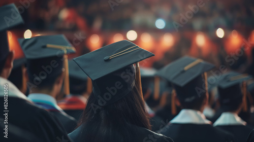 From behind, graduates in black caps and gowns face the stage at their commencement ceremony photo