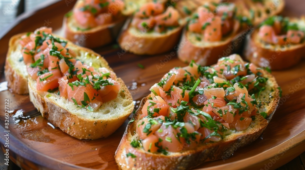 A gourmet platter of salmon tartare, finely chopped and seasoned with herbs, served with crispy crostini for scooping up the flavorful fish.