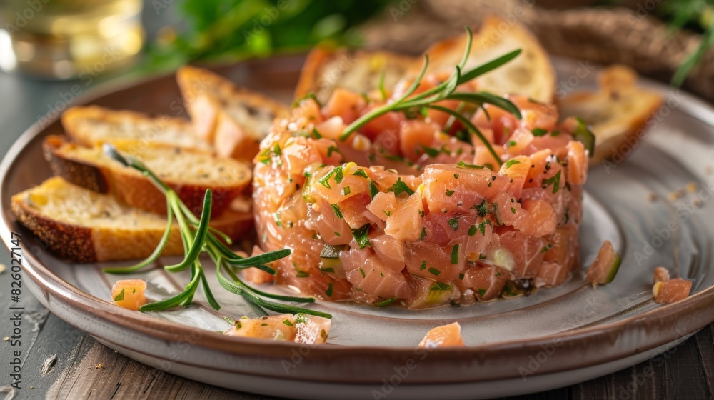 A gourmet platter of salmon tartare, finely chopped and seasoned with herbs, served with crispy crostini for scooping up the flavorful fish. A gourmet platter of salmon tartare, finely chopped and seasoned with herbs, served with crispy crostini for scooping up the flavorful fish.